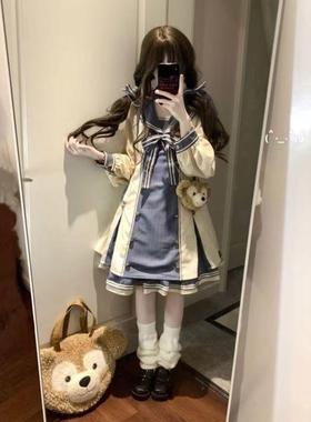 甜美雾蓝色海军领蝴蝶结长袖OP连衣裙洋装花嫁洛丽塔蓬蓬裙公主裙