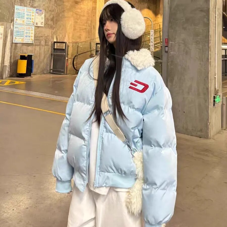 现货字母学院风毛领羽绒棉服冬季