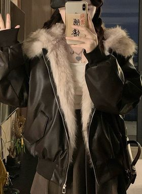 加厚保暖座山雕毛领皮衣短外套女秋冬季新款韩系羊羔毛绒棉服大衣