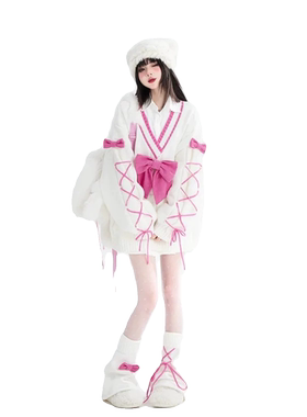 女秋冬慵懒风撞色宽松V领绑带设计感针织上衣潮美拉德蝴蝶结毛衣