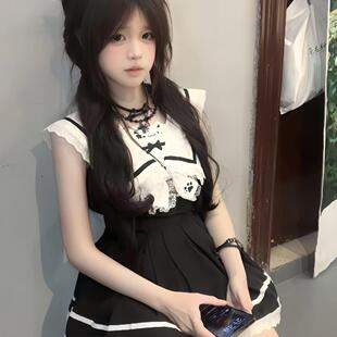 甜美可爱奶乖少女撞色拼接蕾丝海军领洛丽塔无袖黑色软妹蓬蓬裙子