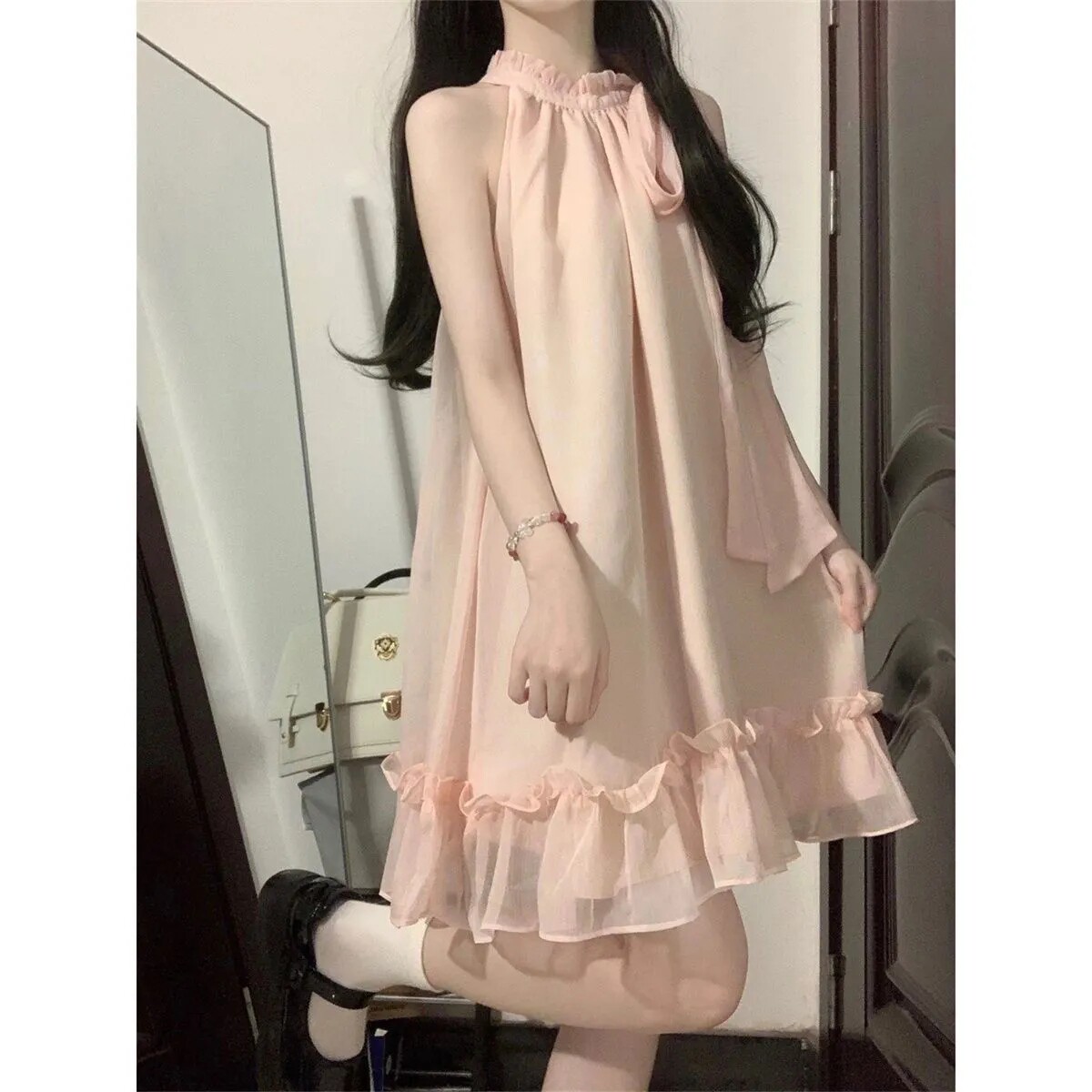现货甜美清新无袖设计挂脖连衣裙