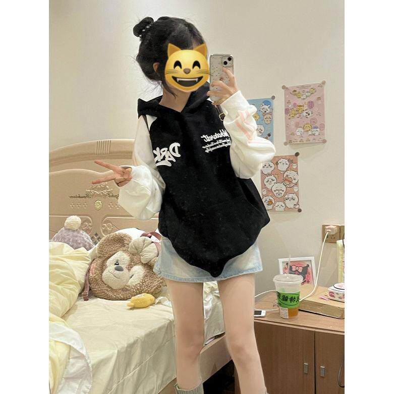 国潮牌字母刺绣插肩袖拼接连帽卫衣女秋冬oversize学院风重磅外套