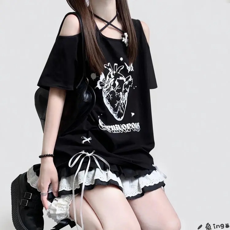 蝶心亚文化交叉露肩系带蝴蝶结设计感小众上衣宽松甜辣短袖现货