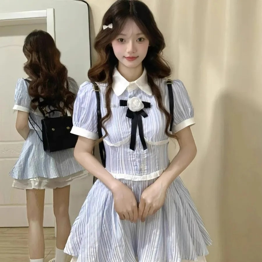 现货法式蓝白条纹衬衫领连衣裙夏季清纯少女公主裙收腰蛋糕蓬蓬裙,女装/女士精品,时尚套装,淘宝优惠券,粉丝福利购,淘宝优惠卷