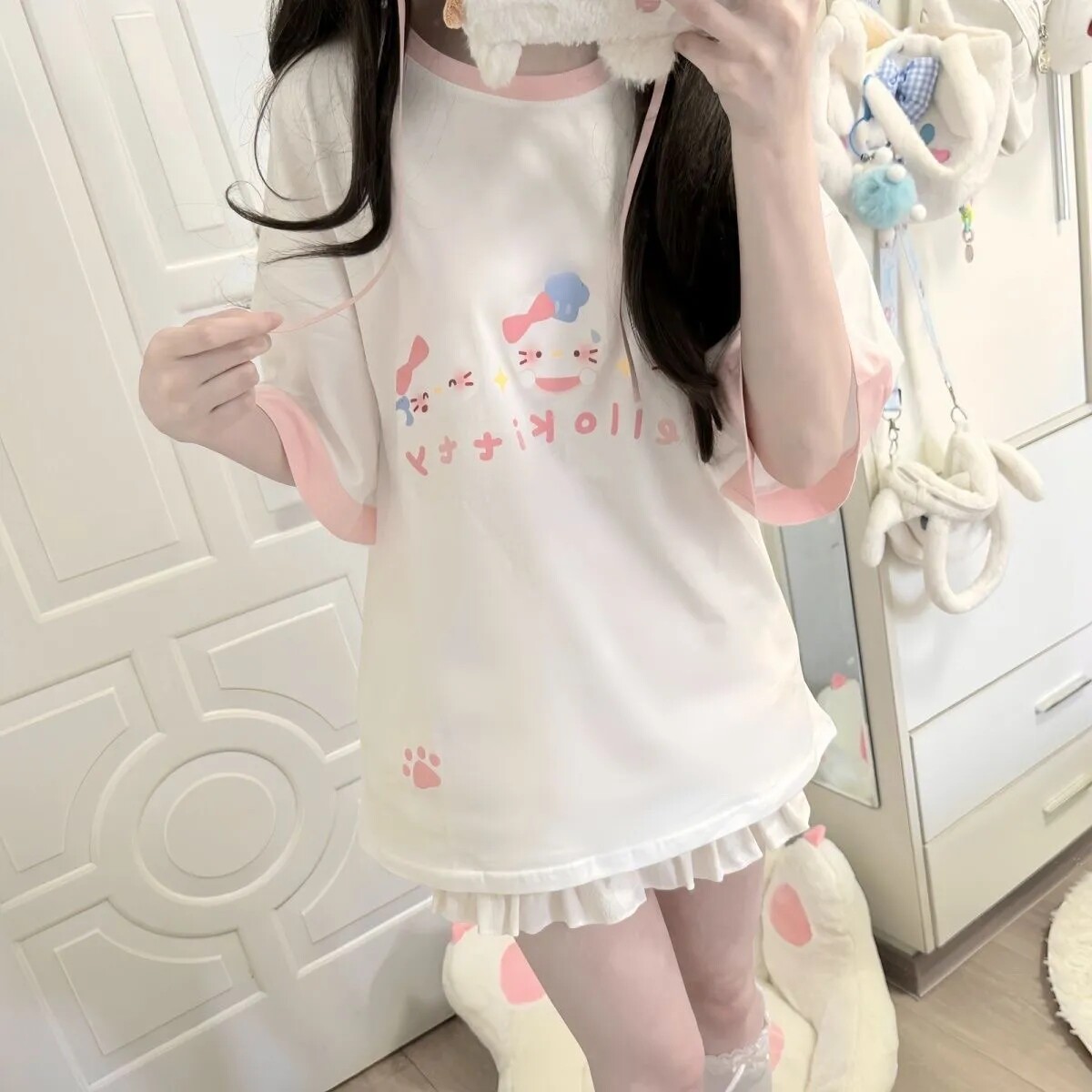 ins可爱卡通插肩短袖女大童夏季