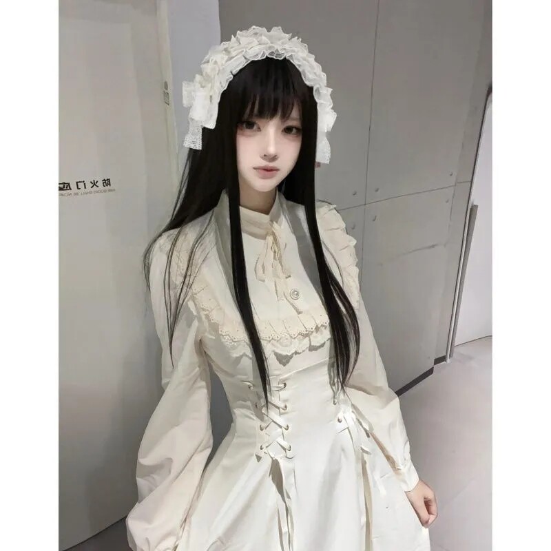 多巴胺白色穹妹cos高腰连衣裙