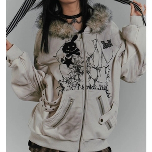 现货秋冬美式复古毛领兔耳连帽卫衣亚比外套灰印花加绒加厚女上衣