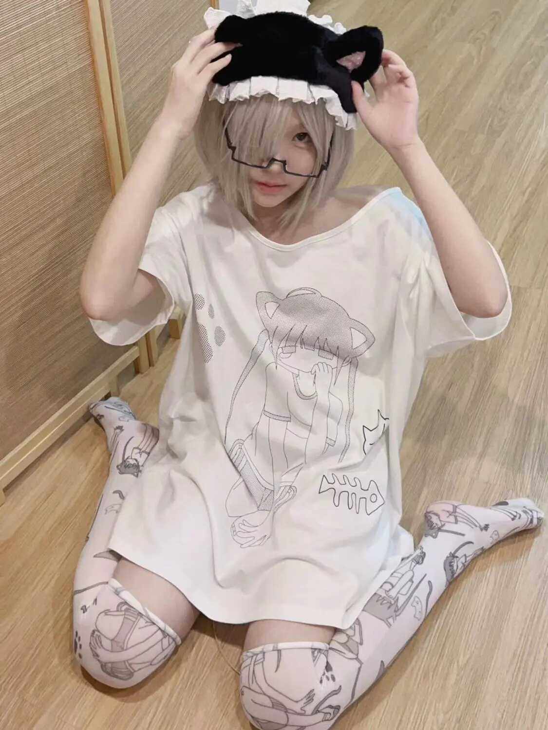 露肩现货猫咪亚文化宅系纯棉短袖