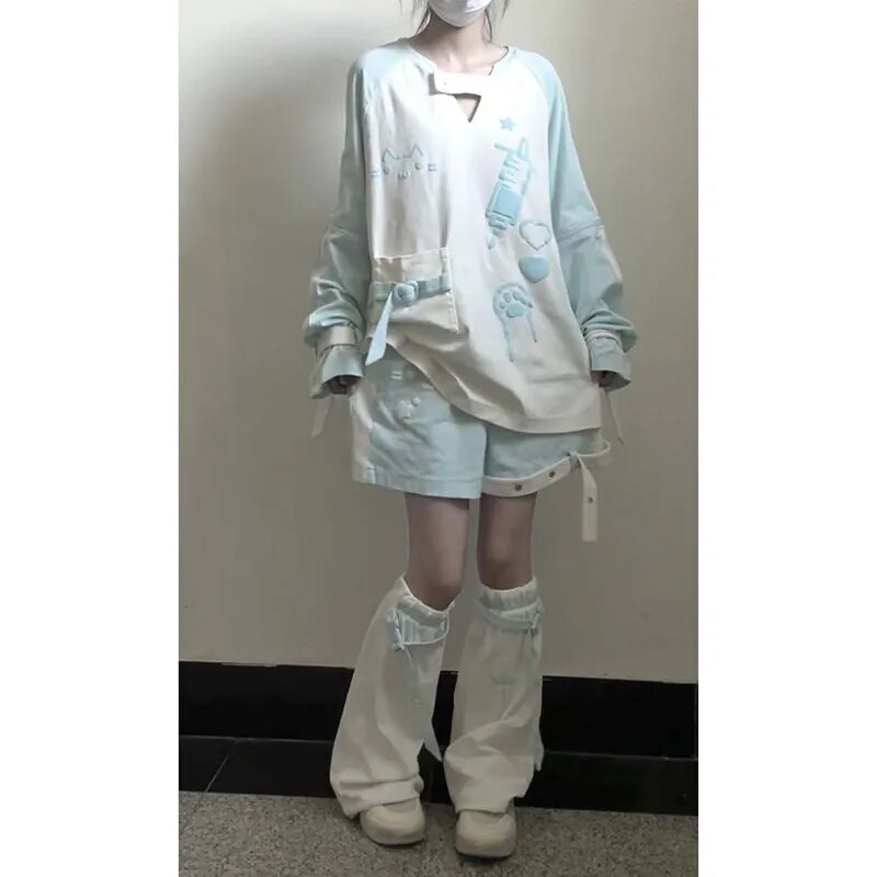 现货日系软妹撞色可拆长袖T恤女