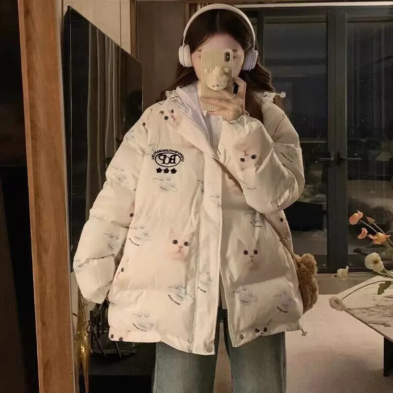 冬季甜美猫咪印花宽松面包棉服女