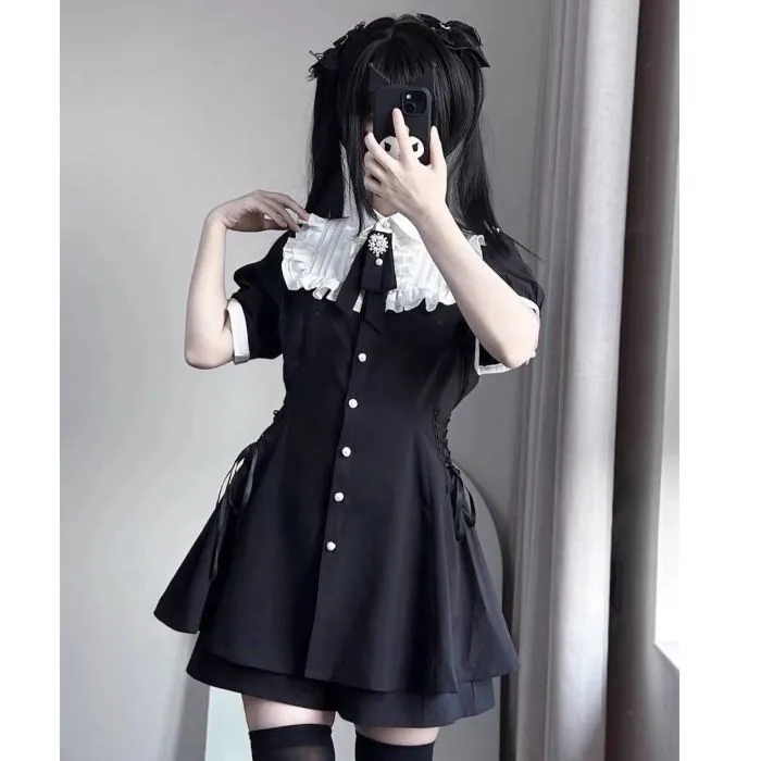 夏季日系jk制服木耳边绑带连衣裙
