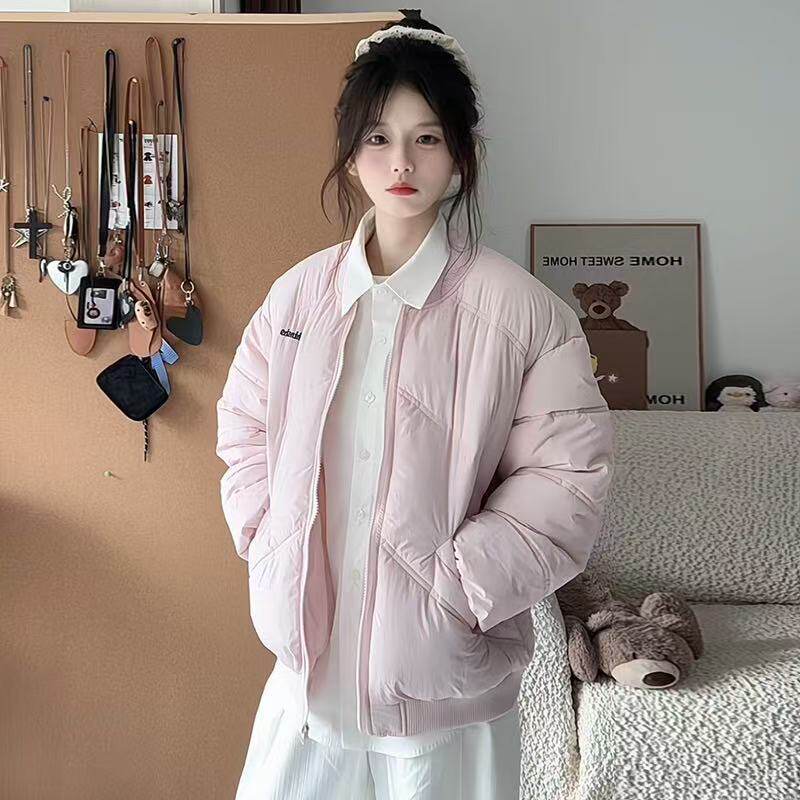 现货粉色加厚手塞棉宽松棒球棉服
