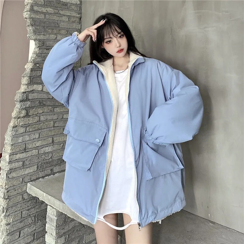 两面穿羊羔毛棉服女冬季加厚保暖