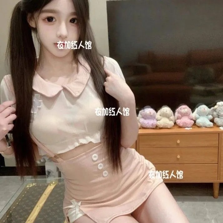 现货甜美可爱套装网红高颜值纯欲风俏皮减龄穿搭娃娃领上衣背带裙