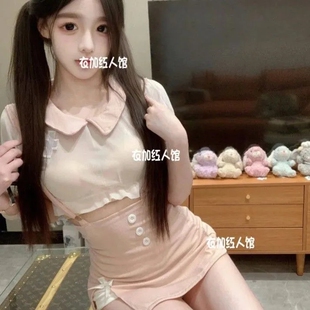 现货甜美可爱套装网红高颜值纯欲风俏皮减龄穿搭娃娃领上衣背带裙