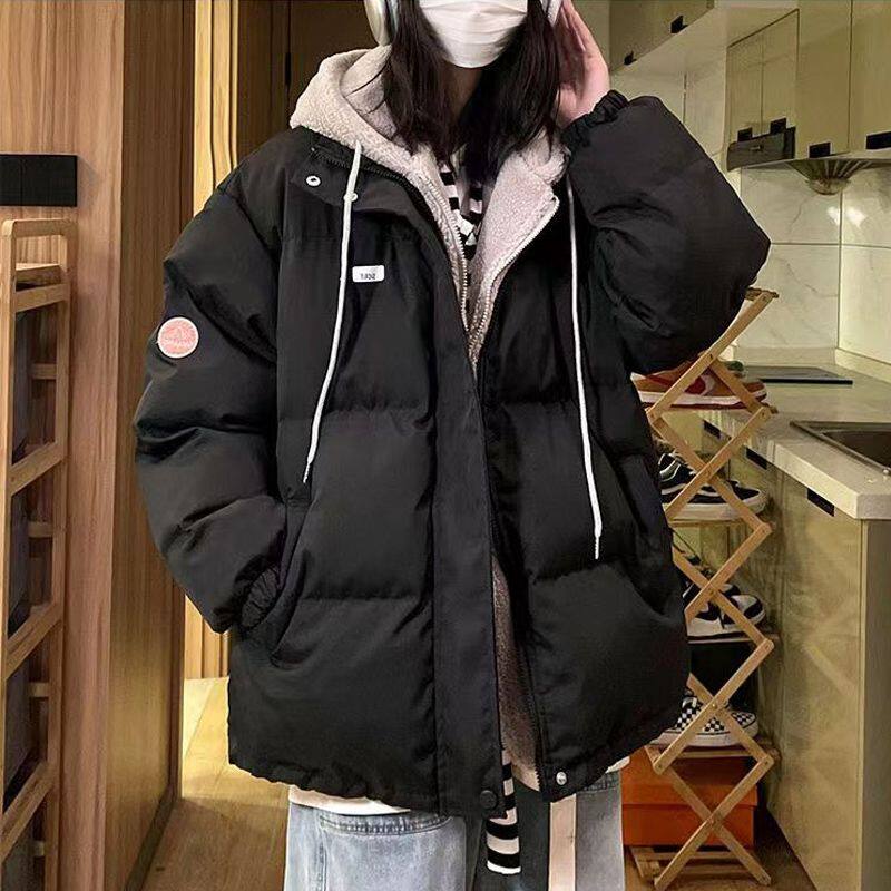 现货日系假两件粉色连帽加厚棉服