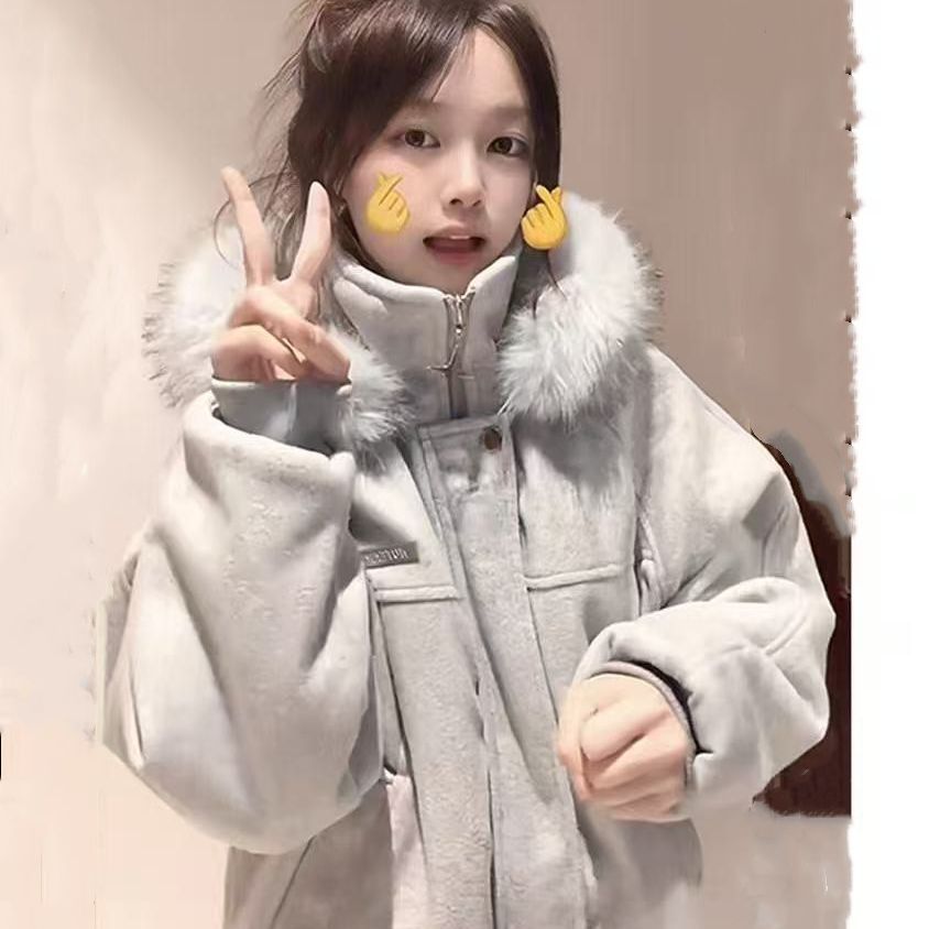 现货美式复古大毛领连帽加厚棉服