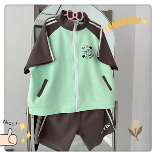 外套上衣短裤 学院风咖绿撞色日系萌感可爱套装 女拉链宅宅运动短袖