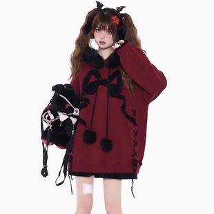 现货美拉德酒熏红莓甜酷圣诞新年可爱甜美蝴蝶结黑红秋冬毛领毛衣