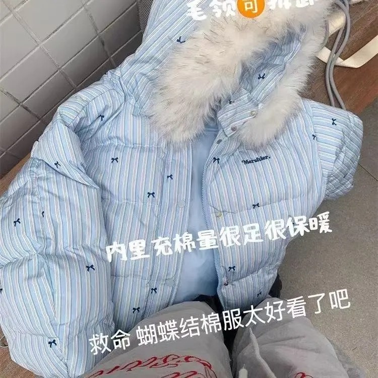 韩系条纹连帽加厚保暖短款棉服女