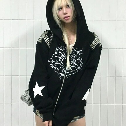 美式y2k亚文化卫衣女秋冬太阳纹铆钉连帽开衫轻亚风宽松复古外套