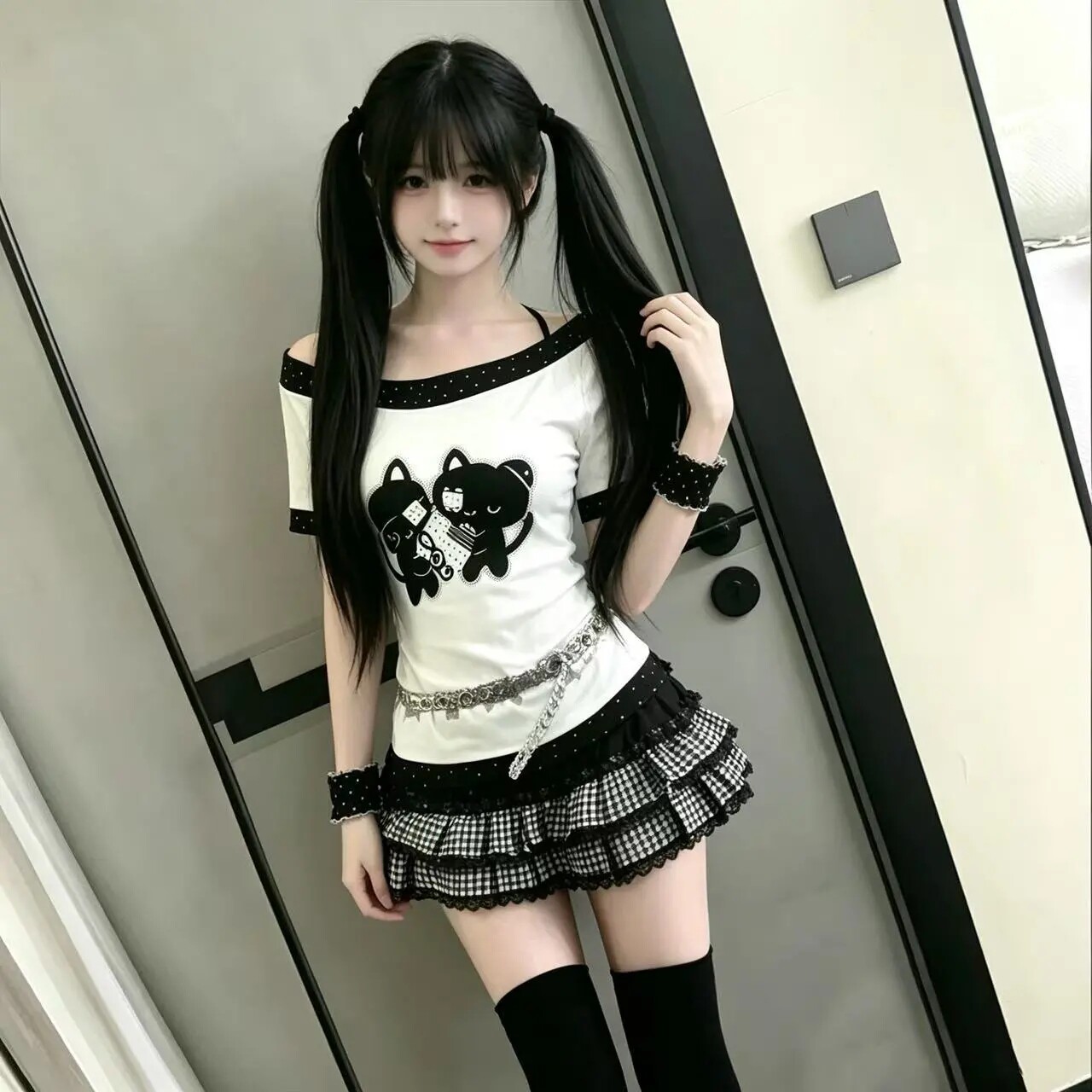 日系甜辣挂脖蕾丝格子短裙套装女