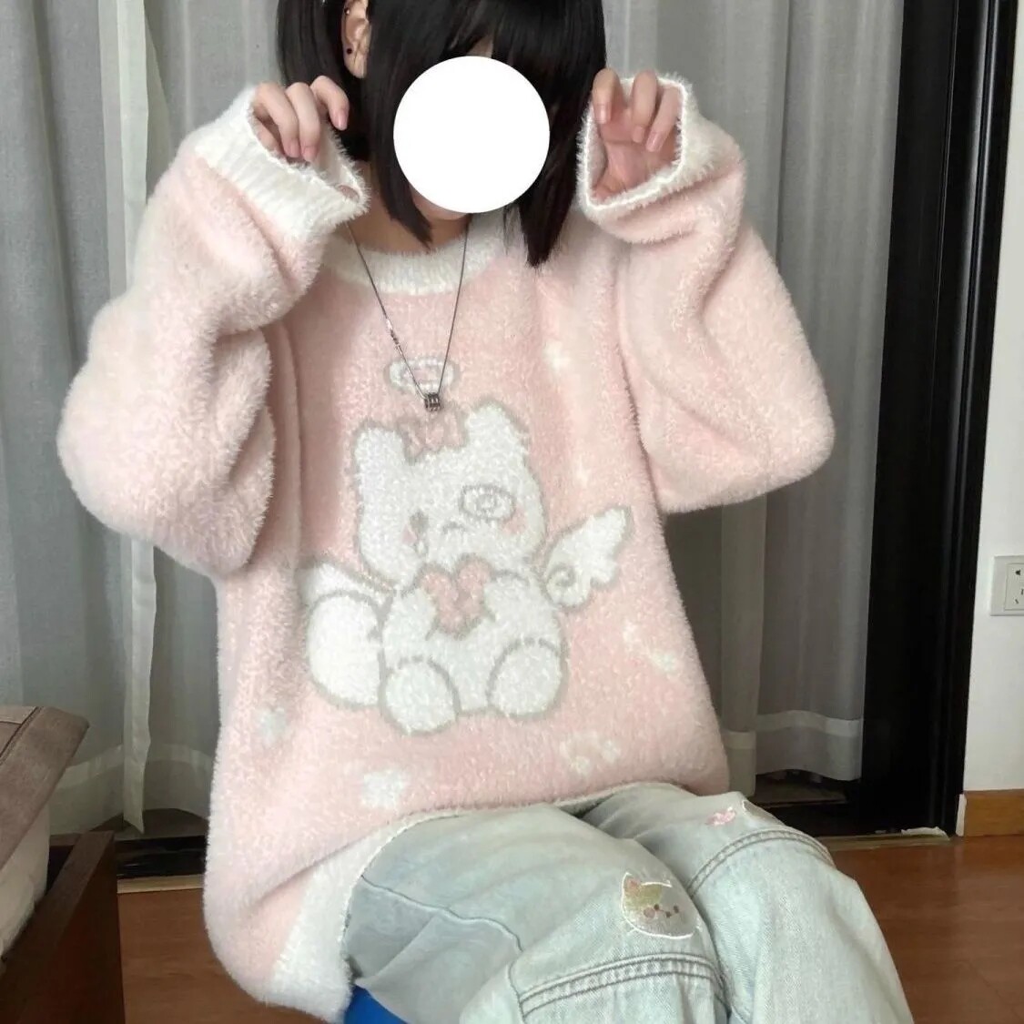 现货天使小猫套头毛衣仿貂毛圆领日系可爱宽松甜美秋冬针织衫上衣