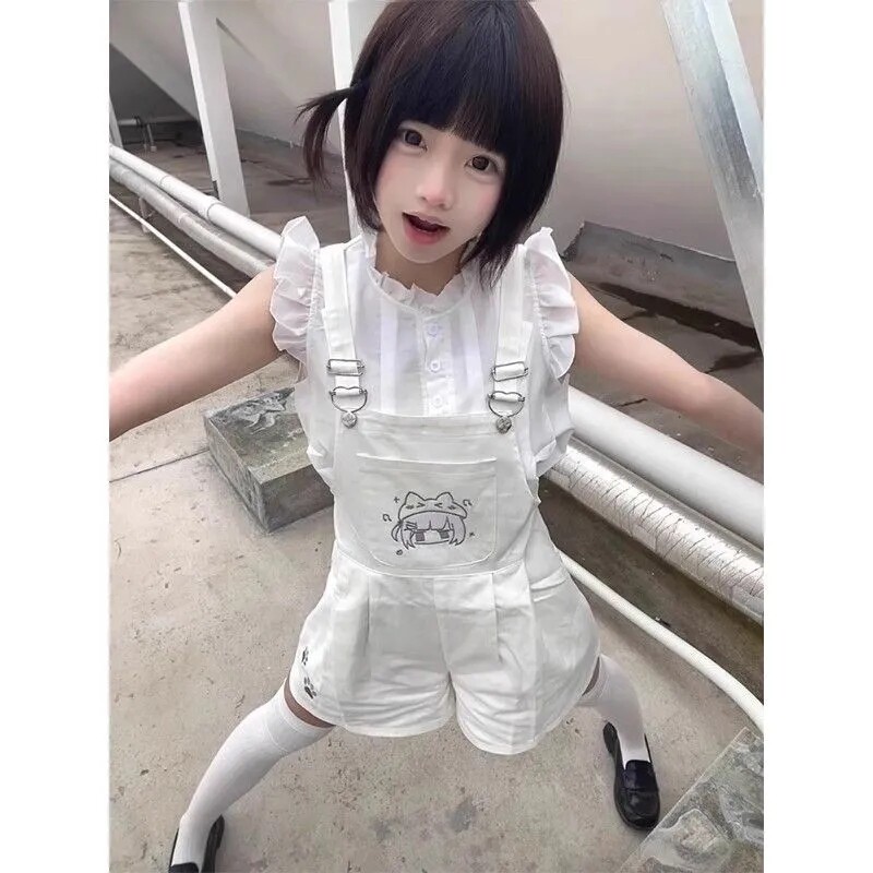 日系软妹夏季背带短裤衬衫两件套