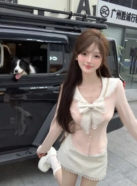 纯欲风甜美套装秋季修身显瘦设计感蝴蝶结上衣+半身短裙两件套女