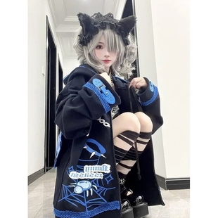 日系新款绷带兔亚文化千禧印花连帽兔耳原宿宽松加绒卫衣外套现货