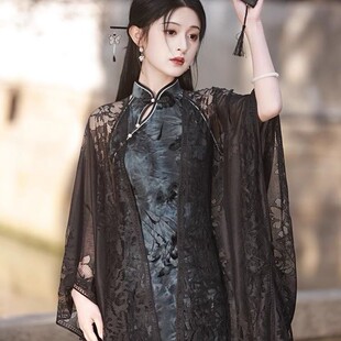 黑色披肩配旗袍新中式蕾丝镂空流苏披风外搭高端外套开衫斗篷罩衫