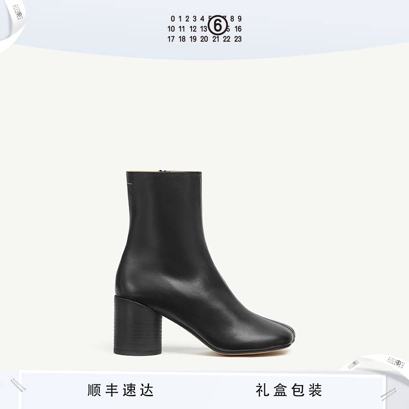 MM6黑色女士粗高跟羊皮革及踝靴中筒靴7cm时尚休闲通勤女鞋皮鞋