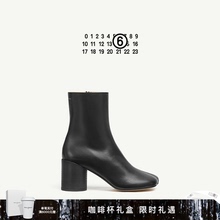 MM6黑色女士粗高跟羊皮革及踝靴中筒靴7cm时尚休闲通勤女鞋皮鞋