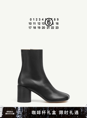 MM6黑色女士粗高跟羊皮革及踝靴中筒靴7cm时尚休闲通勤女鞋皮鞋