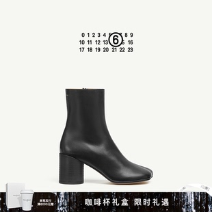 皮鞋 MM6黑色女士粗高跟羊皮革及踝靴中筒靴7cm时尚 休闲通勤女鞋