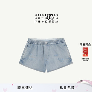 [早春新品]MM6宽松休闲做旧效果通勤简约蓝色牛仔裤短裤裤子