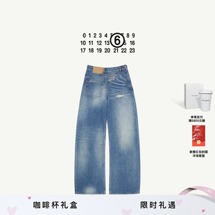 MM6扭转效果拼接褶皱休闲通勤简约直筒牛仔裤弯刀裤长裤子