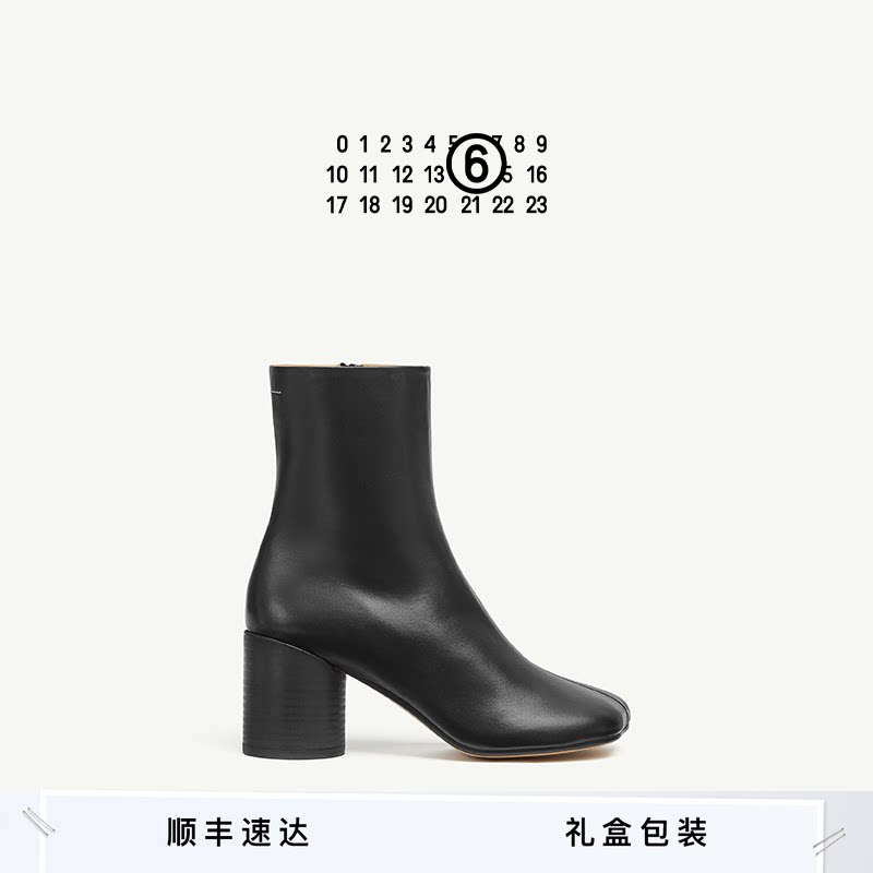 MM6黑色女士粗高跟羊皮革及踝靴中筒靴7cm时尚休闲通勤女鞋皮鞋