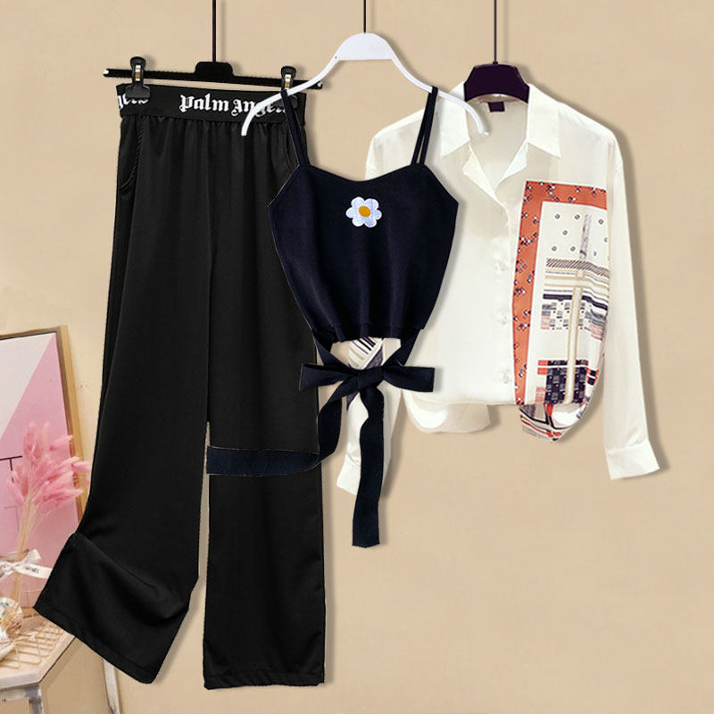 泫雅风时尚套装宽松防晒衬衫女小雏菊背心吊带垂感阔腿裤三件套潮