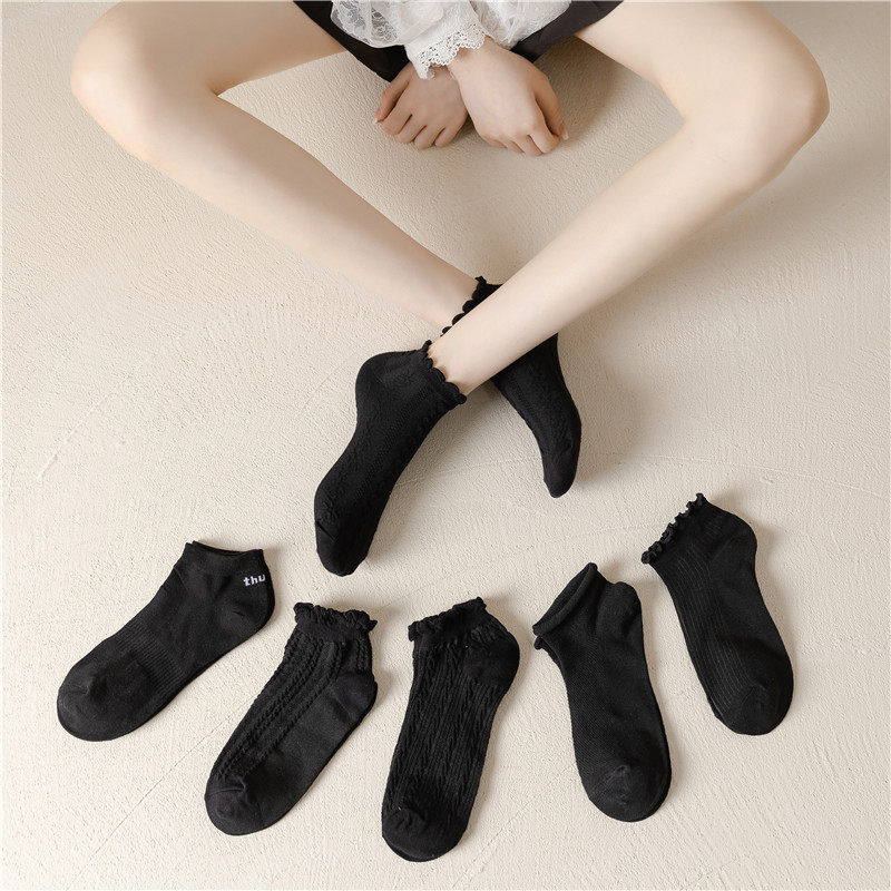 夏季薄款黑色袜子女短袜ins纯棉低帮脚踝袜女花边袜jk日系卷边袜