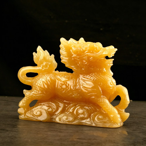 天然黄玉麒麟一对招财镇宅摆件