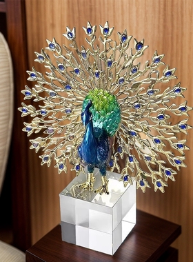 2024高档珐琅工艺品水晶摆件轻奢家居装饰品乔迁礼品摆件孔雀开屏