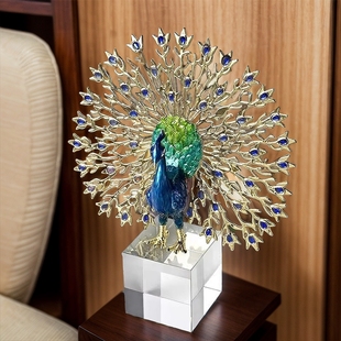 2024高档珐琅工艺品水晶摆件轻奢家居装饰品乔迁礼品摆件孔雀开屏