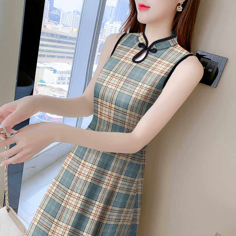 中长款改良旗袍背心连衣裙女夏季新款洋气格子印花打底内搭收腰裙