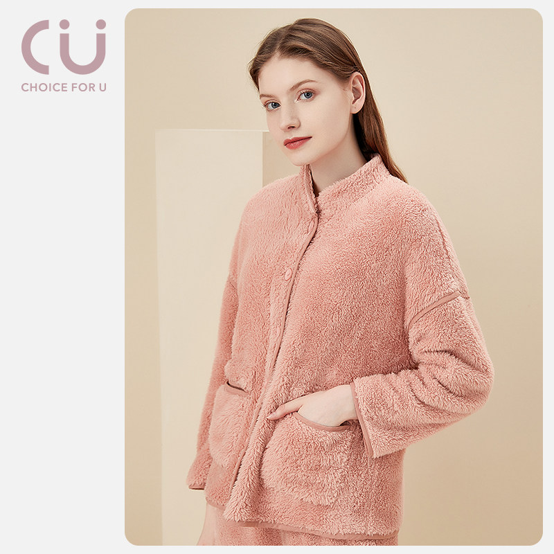 CU/诚棉优品冬季舒适双面北极绒简约长袖女士套装柔软亲肤保暖