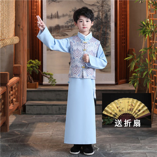 男童唐装长衫中式大褂演出服装复古汉服大童五四民国风长袍儿童秋