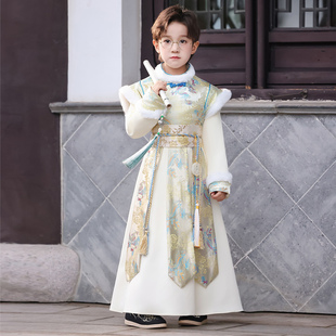 儿童冬季加绒汉服2025新款男童古风国风拜年服小少爷飞鱼演出服