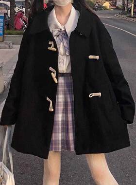 牛角扣大衣女冬季外套新款赫本风日系中长款黑色毛呢小个子学院风