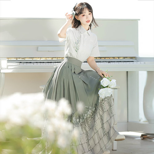 原创山中书事汉服女中国风改良汉元素衬衣半裙套装显瘦气质百搭新